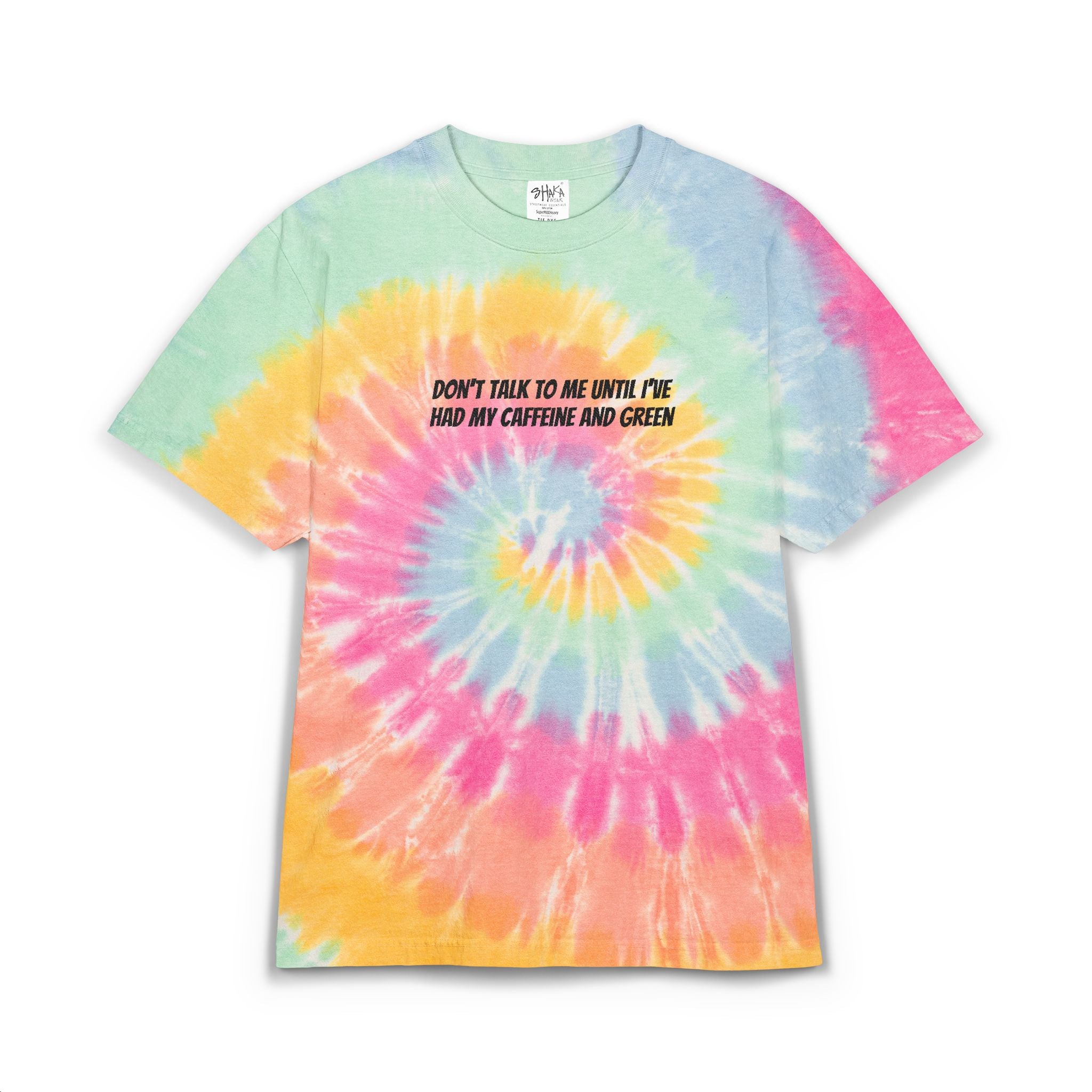 Tie-Dye Spiral Tee — "Don't Talk to Me Until I Had My Caffeine and Green" Embroidered Oversized T-Shirt
