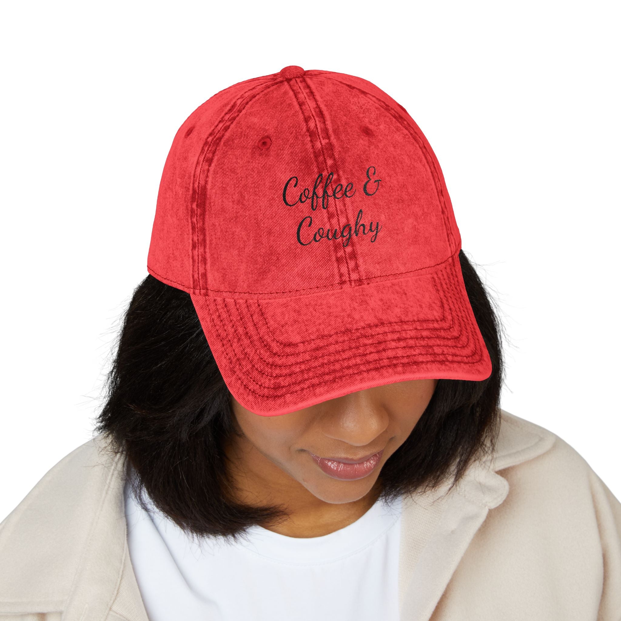 Vintage Embroidered Cap — "Coffee & Coughy" Distressed Baseball Hat