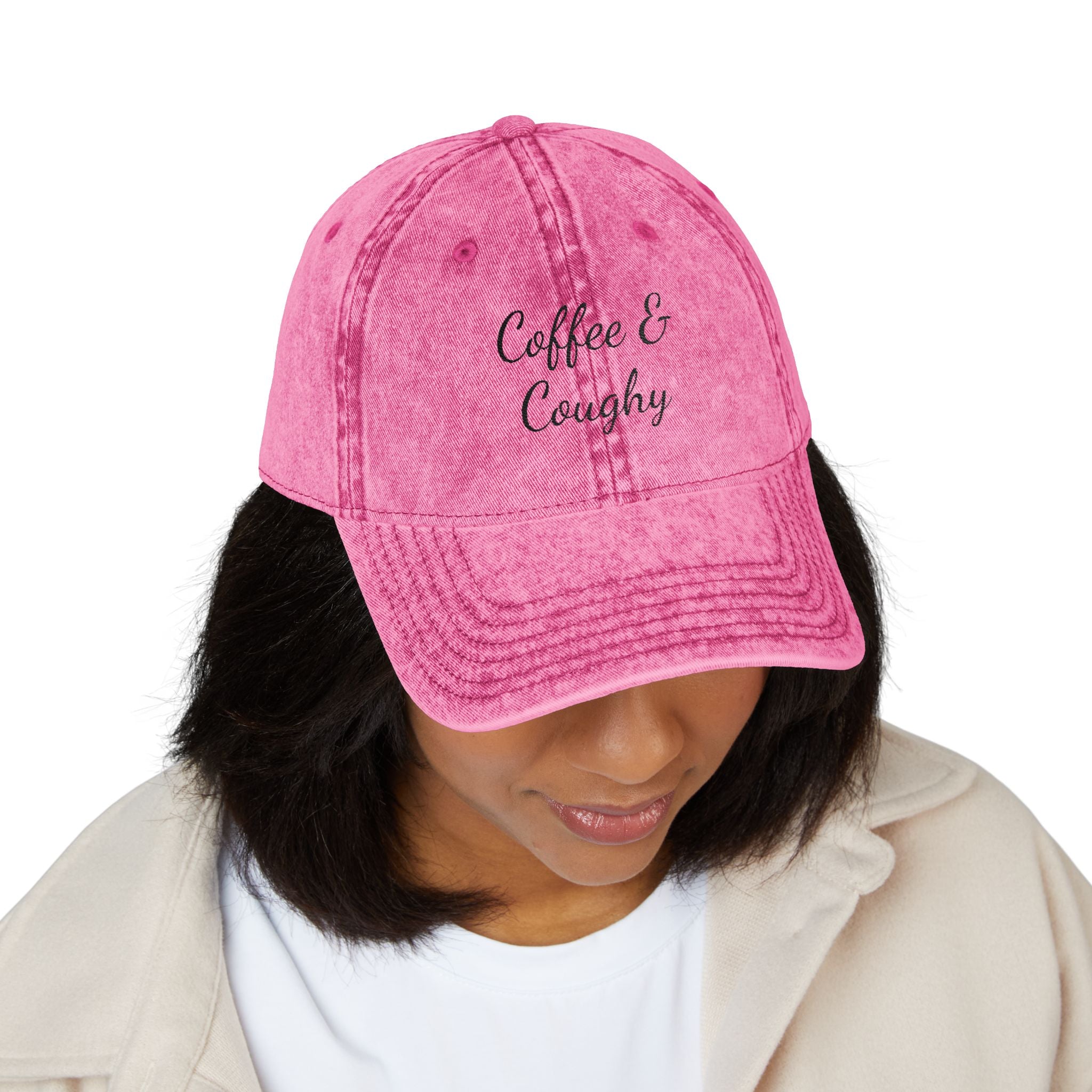 Vintage Embroidered Cap — "Coffee & Coughy" Distressed Baseball Hat