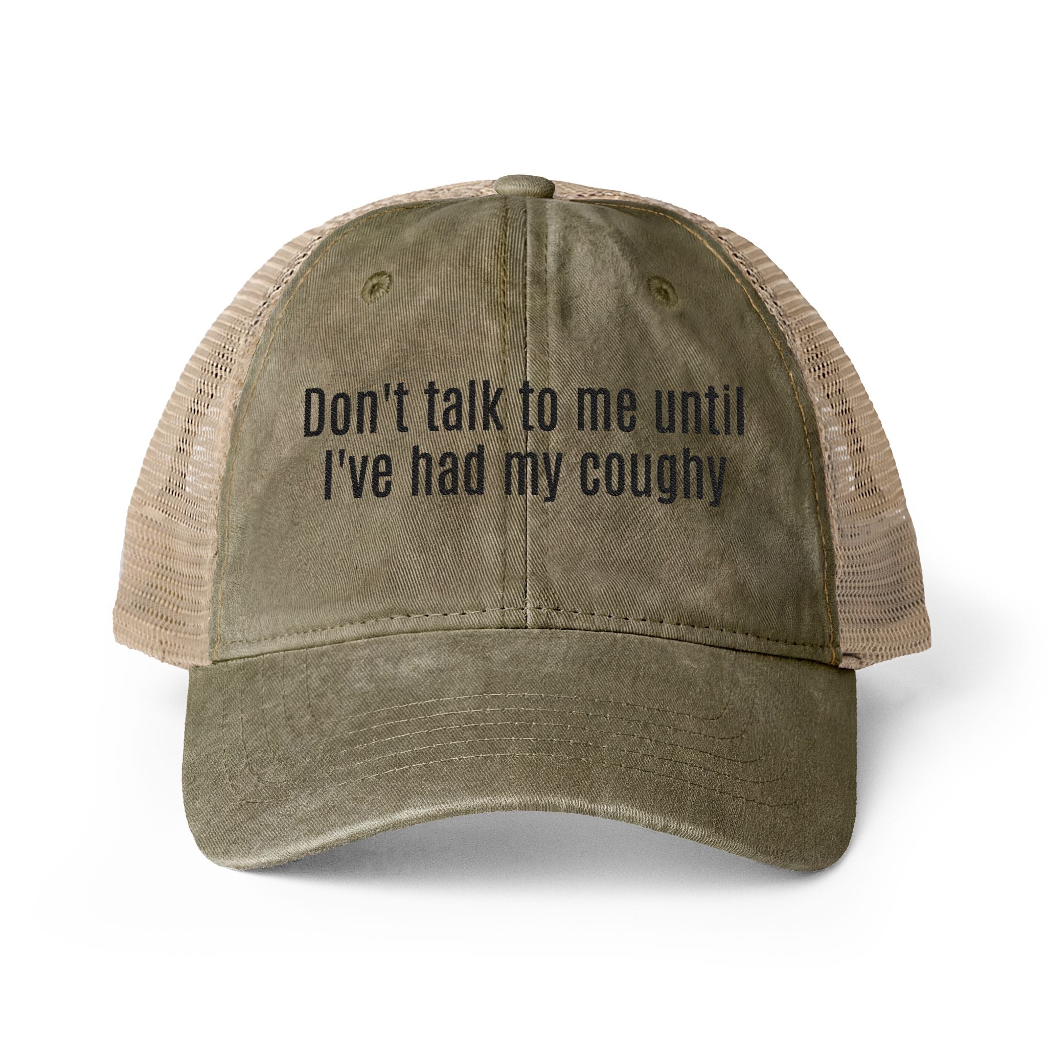 "Don't talk to me until I've had my coughy" Mesh-Back Cap