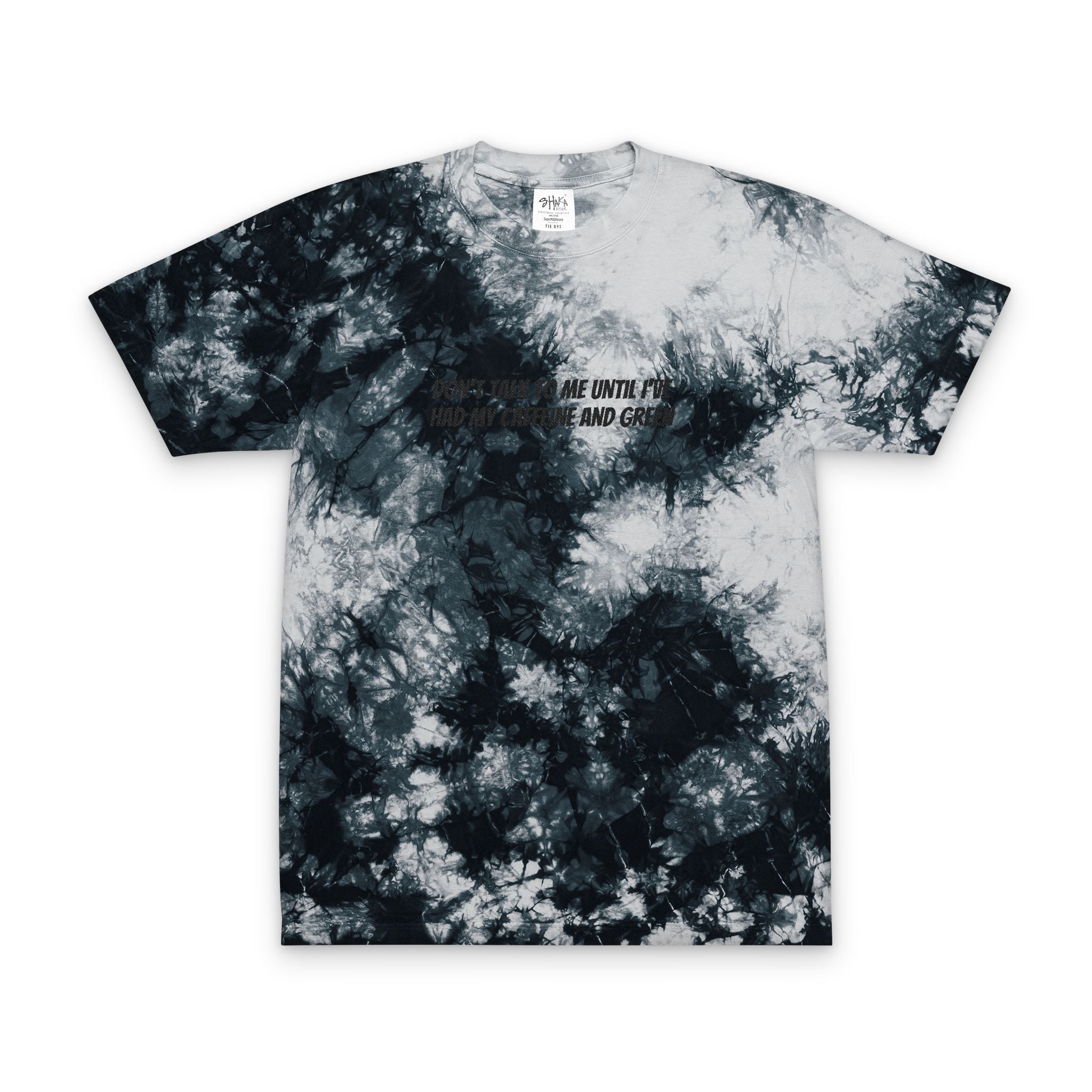 Tie-Dye Spiral Tee — "Don't Talk to Me Until I Had My Caffeine and Green" Embroidered Oversized T-Shirt