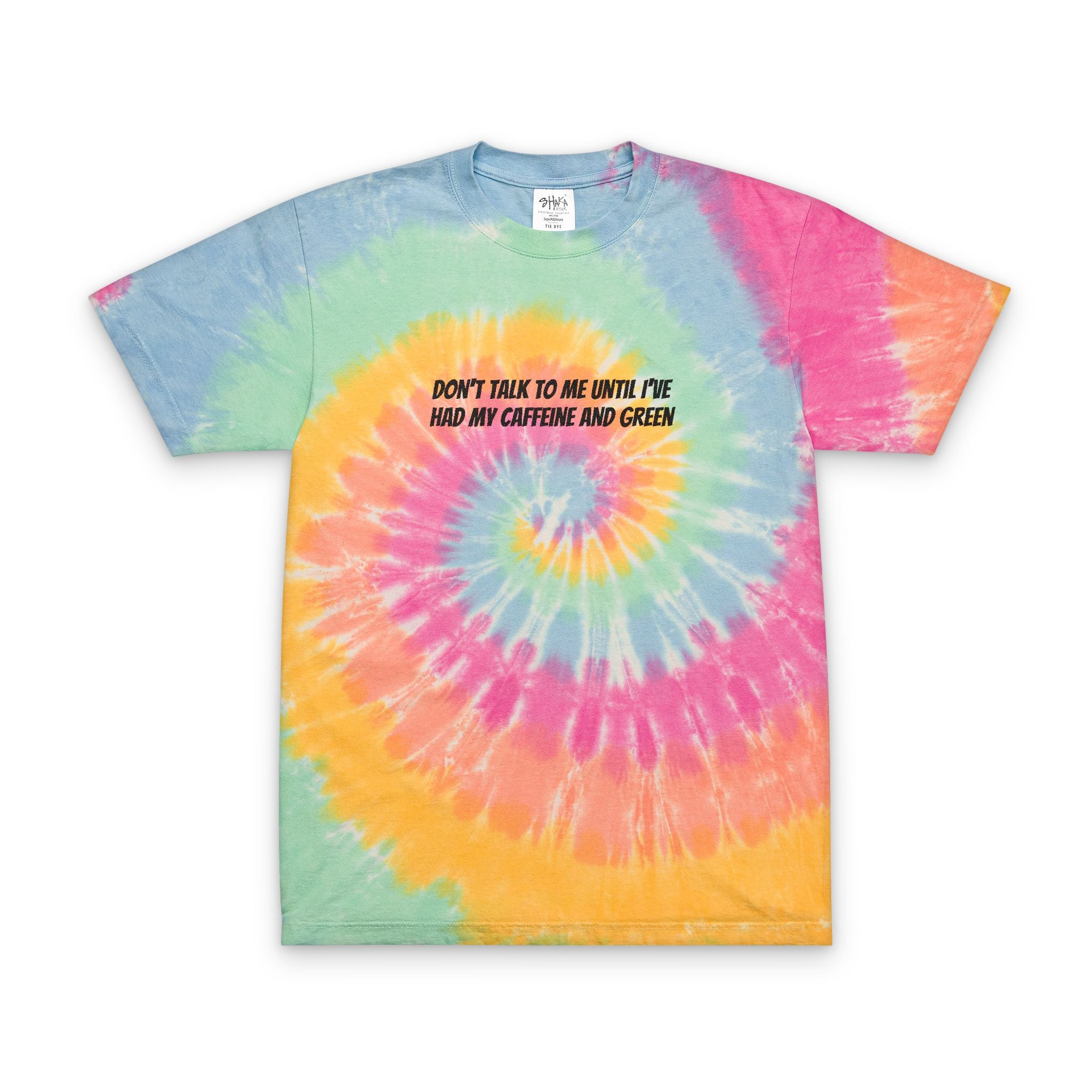 Tie-Dye Spiral Tee — "Don't Talk to Me Until I Had My Caffeine and Green" Embroidered Oversized T-Shirt