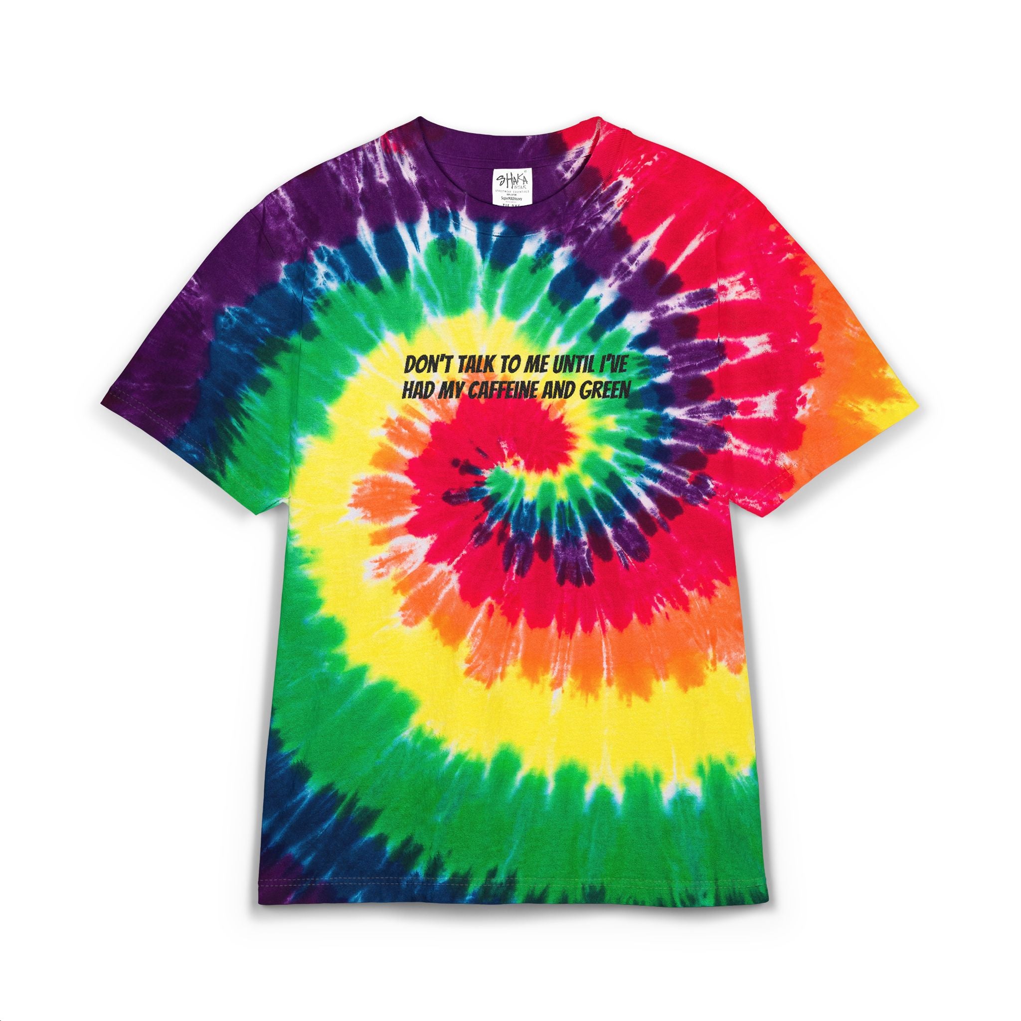 Tie-Dye Spiral Tee — "Don't Talk to Me Until I Had My Caffeine and Green" Embroidered Oversized T-Shirt